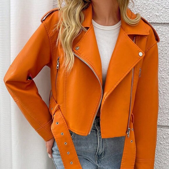 Orange Casual Women's Minimalist Zip Up faux leather Cropped Jacket - Picture 4 of 6